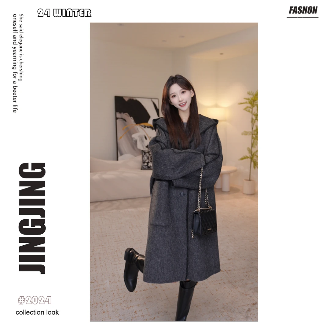 【格雷灰】双面羊毛冬新款大衣时尚显瘦中长款连帽外套婧婧/28D218