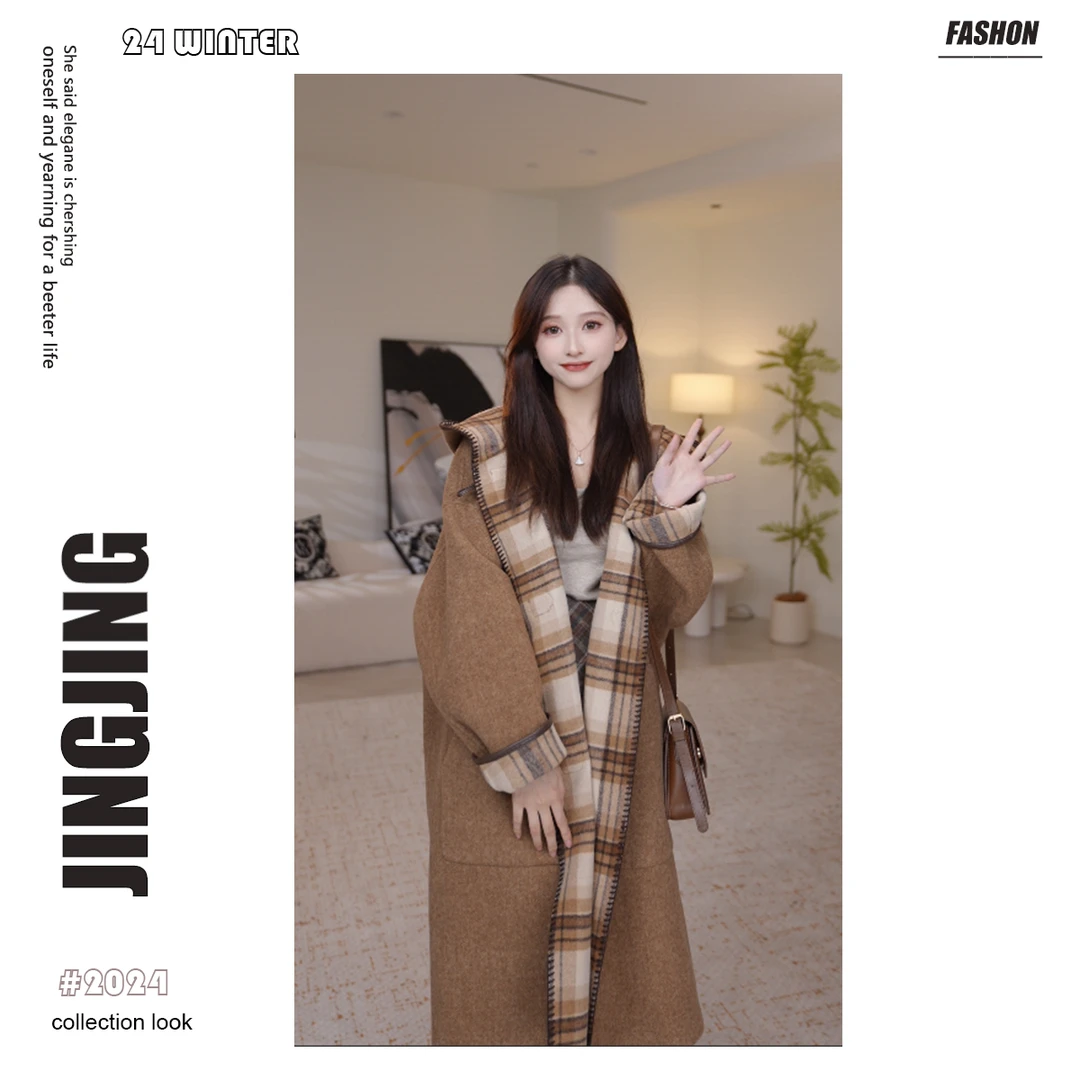 【婧婧】设计师格纹双面双穿呢子外套女气质毛呢外套28D157