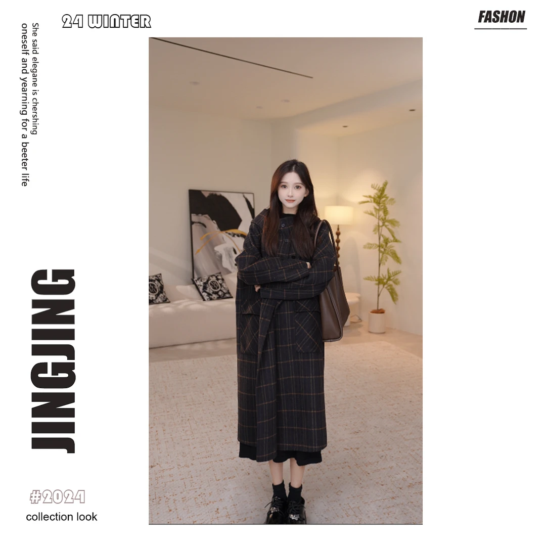 【婧婧】双面呢格子外套小个子连帽韩版复古大衣28D142