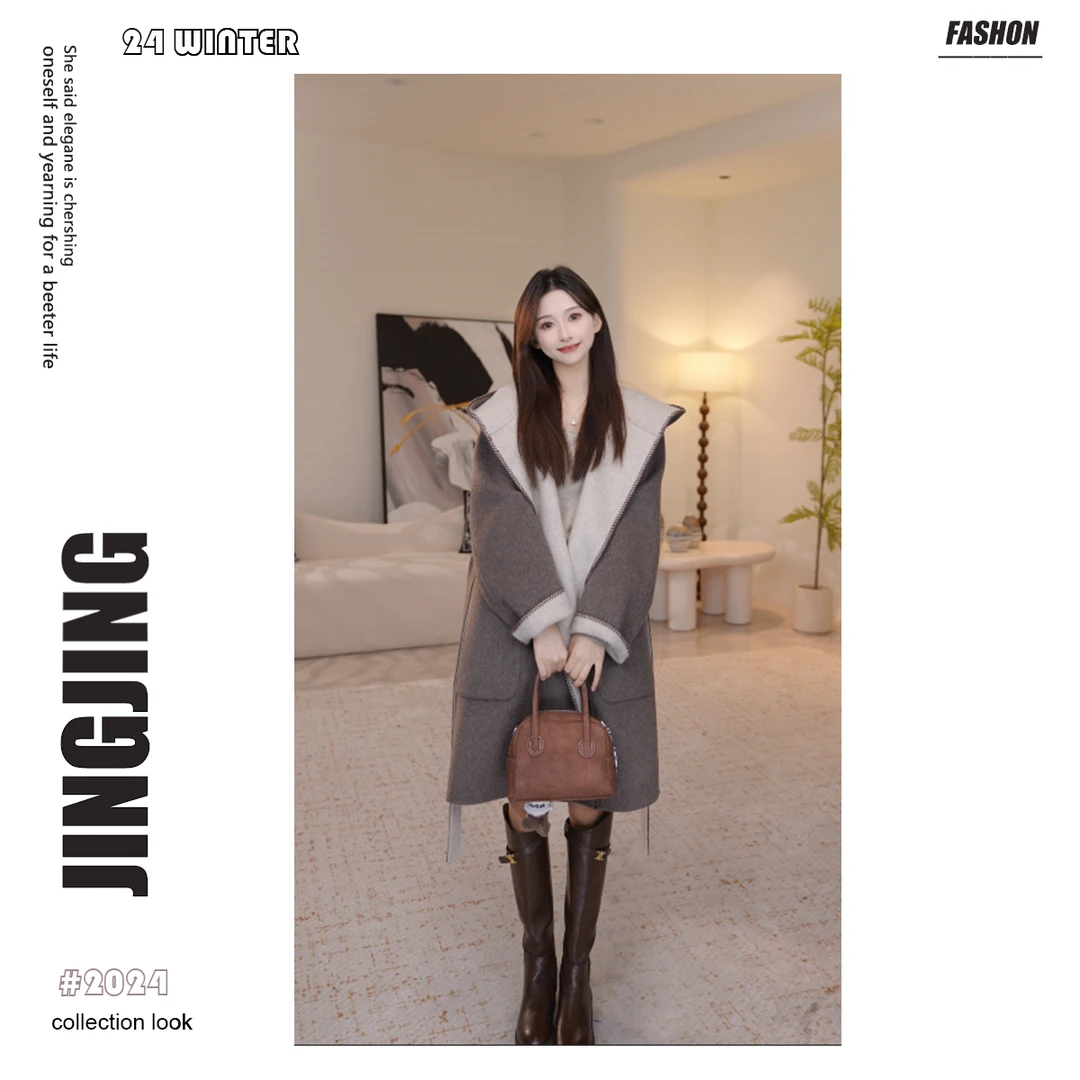 【婧婧】秋冬新款韩版双面双穿毛呢大衣连帽宽松外套女28D172