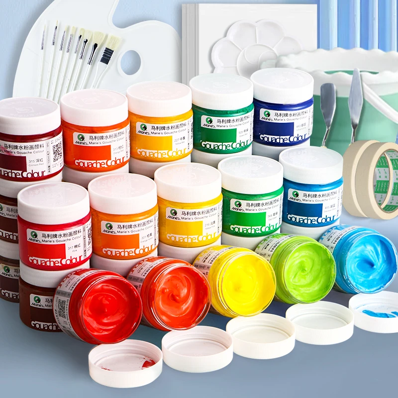 马利水粉颜料白色12色可水洗画画色彩颜料套装100ml罐装美术用品