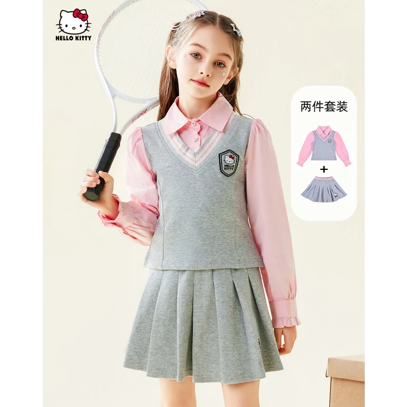 HELLO KITTY/凯蒂猫2024春秋新款套装中大童学院风百褶裙两件套潮