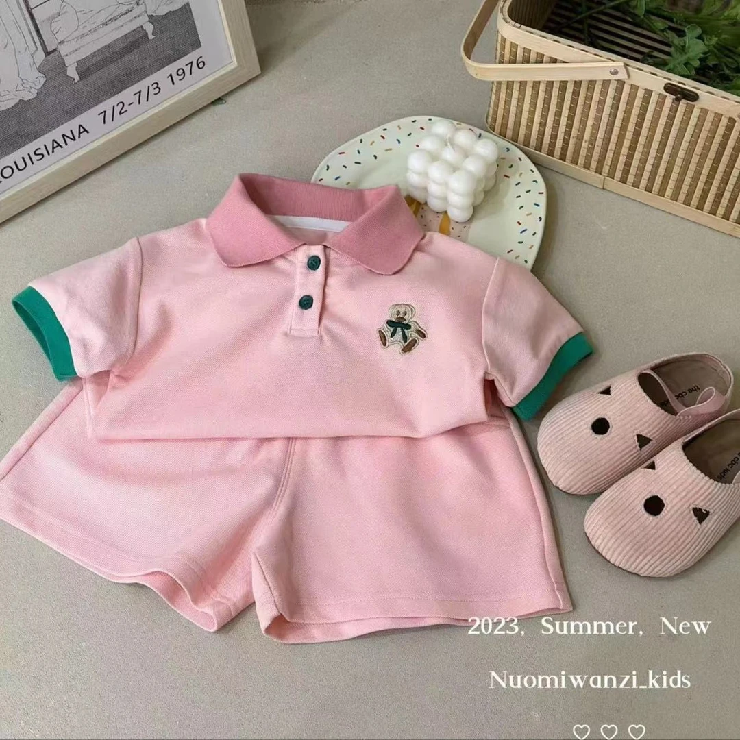 韩国童装女童小熊刺绣Polo套装夏季洋气运动服宝宝休闲两件套