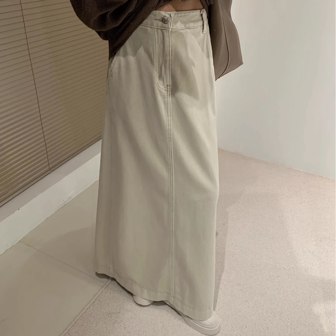 百搭复古高腰辣妹纯色牛仔裙显瘦A字时髦米白开叉长裙显瘦半身裙