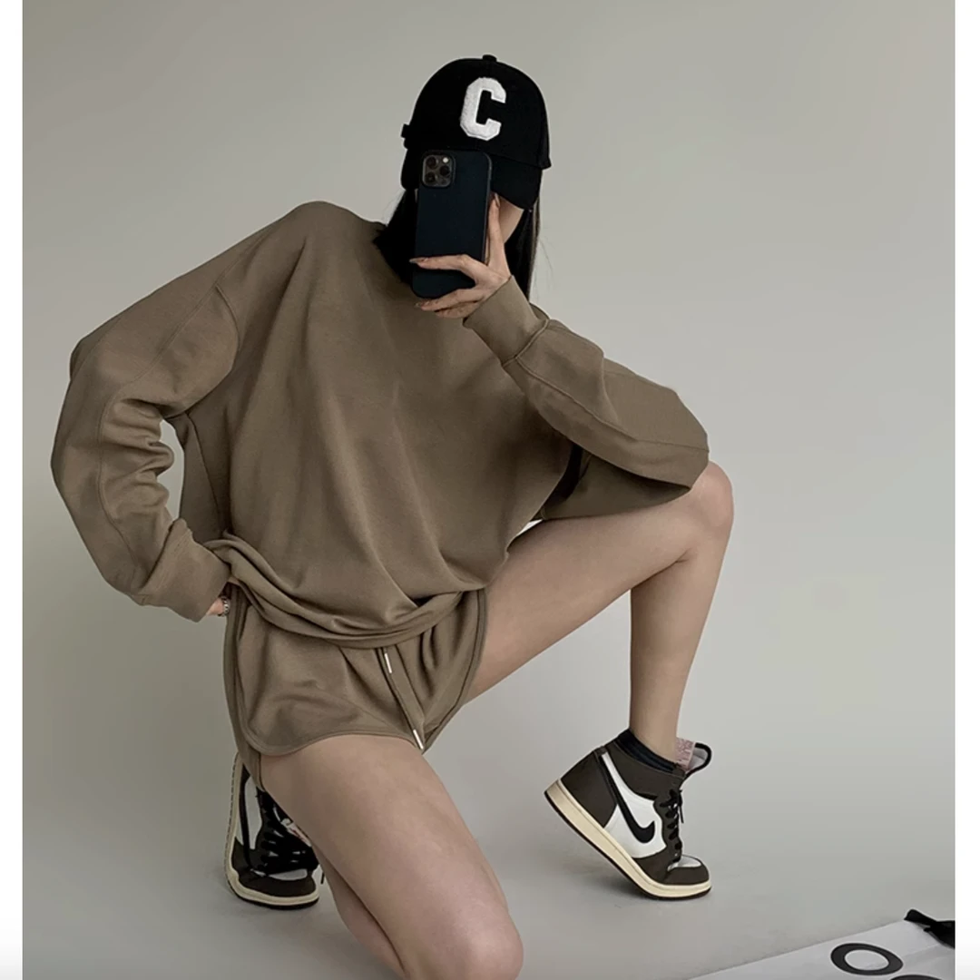 时尚休闲宽松美式百搭运动韩版ins潮流设计感纯色小众卫衣短裤