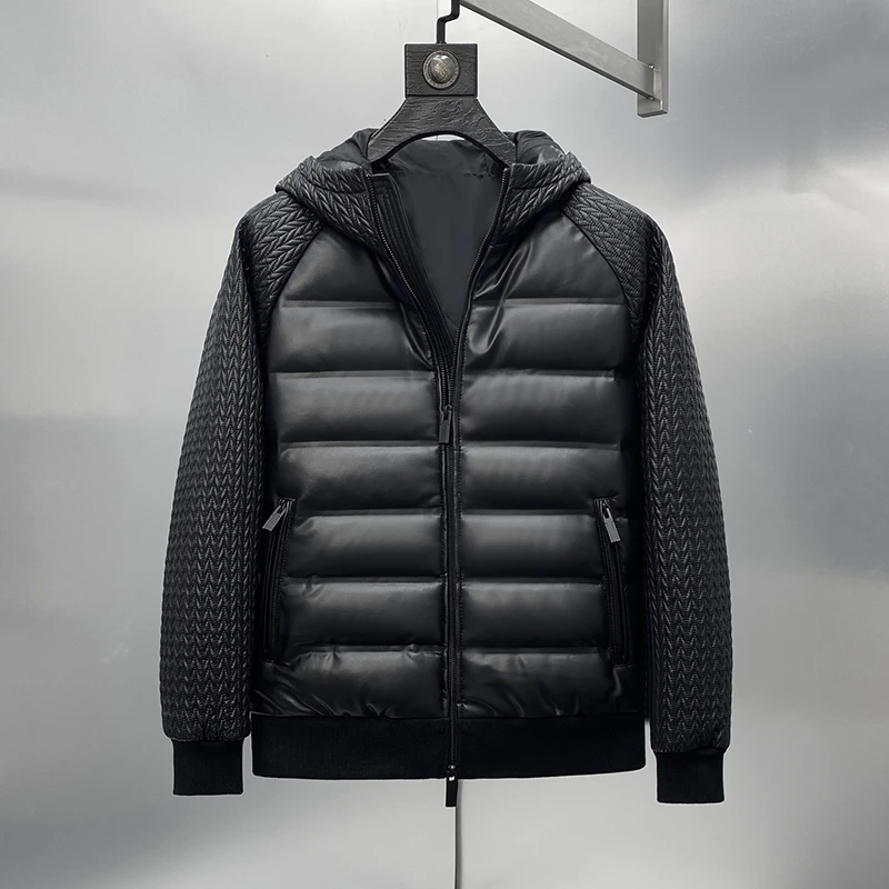 高端人士品鉴麦穗纹刺绣進口羊皮真皮男鹅绒短款