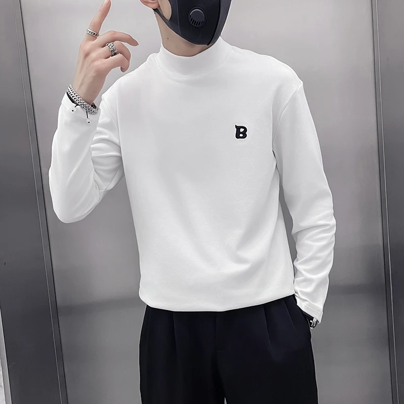 秋季半高领长袖T恤男士潮牌打底衫2023新款春秋装上衣服体桖小衫