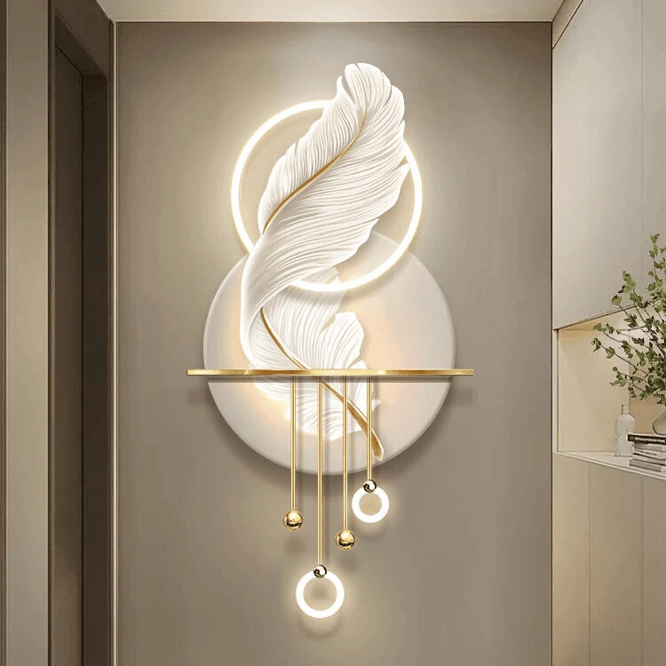 奶油风羽毛玄关装饰画轻奢过道走廊尽头高级感led发光壁灯画