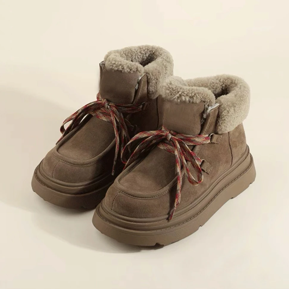 厚底绑带雪地靴设计款加绒保暖短靴