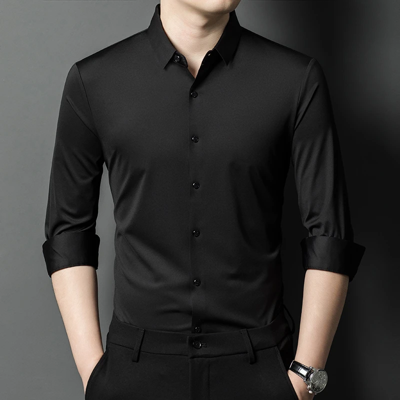 品现2025四季无痕衬衫男士高弹免烫衬衫中年商务休闲纯色衬衣男