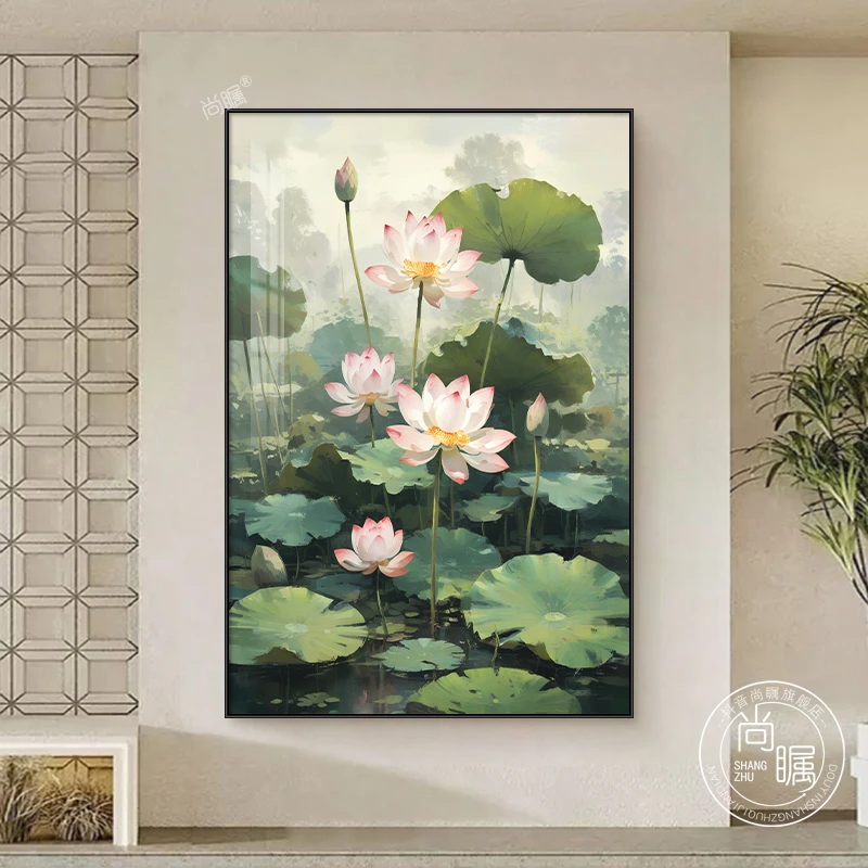 荷花荷叶入户玄关装饰画清新奶油风走廊过道挂画客厅花卉竖版壁画