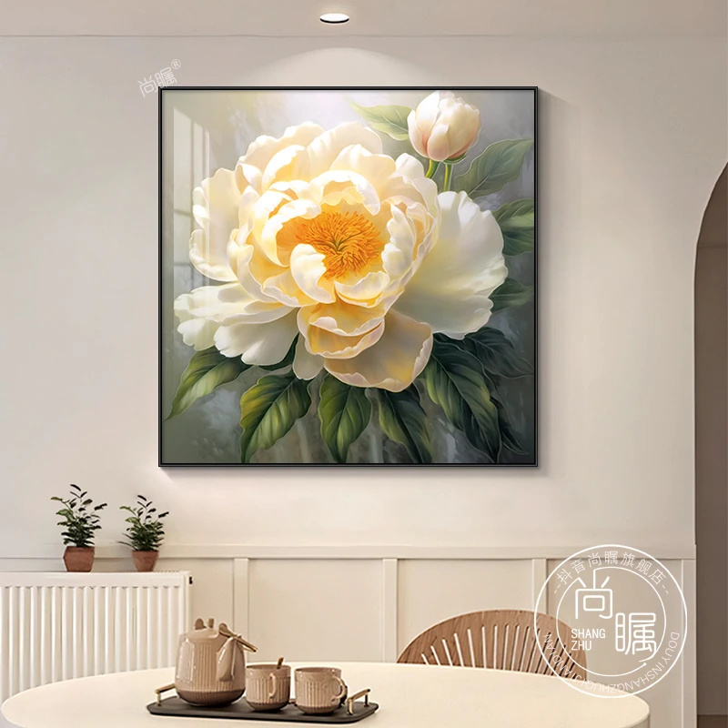 牡丹花餐厅挂画北欧现代客厅玄关书房装饰画花开富贵方形新款壁画