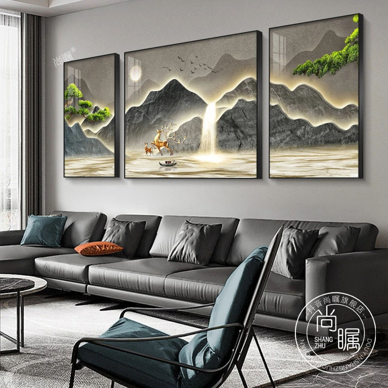 客厅装饰画新中式侘寂风金山瀑布沙发背景墙壁画三联高端大气挂画