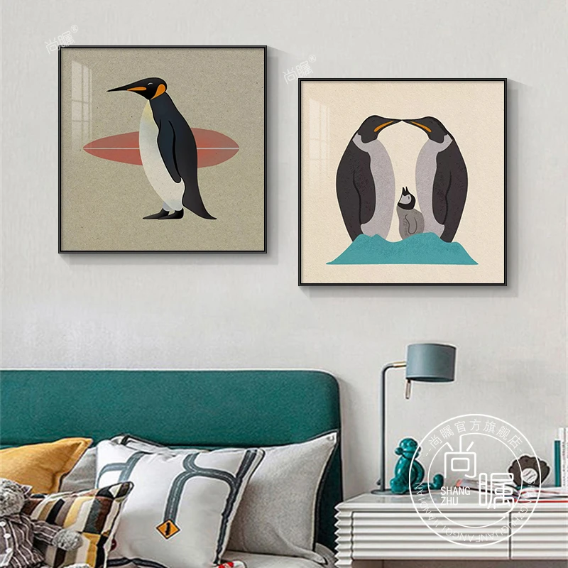 企鹅动物卡通儿童房装饰画可爱男孩女孩卧室墙面壁画现代床头挂画