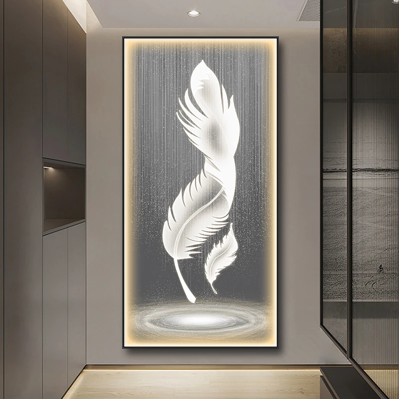 现代轻奢入户玄关装饰画高级感羽毛led灯画竖版走廊过道发光壁画