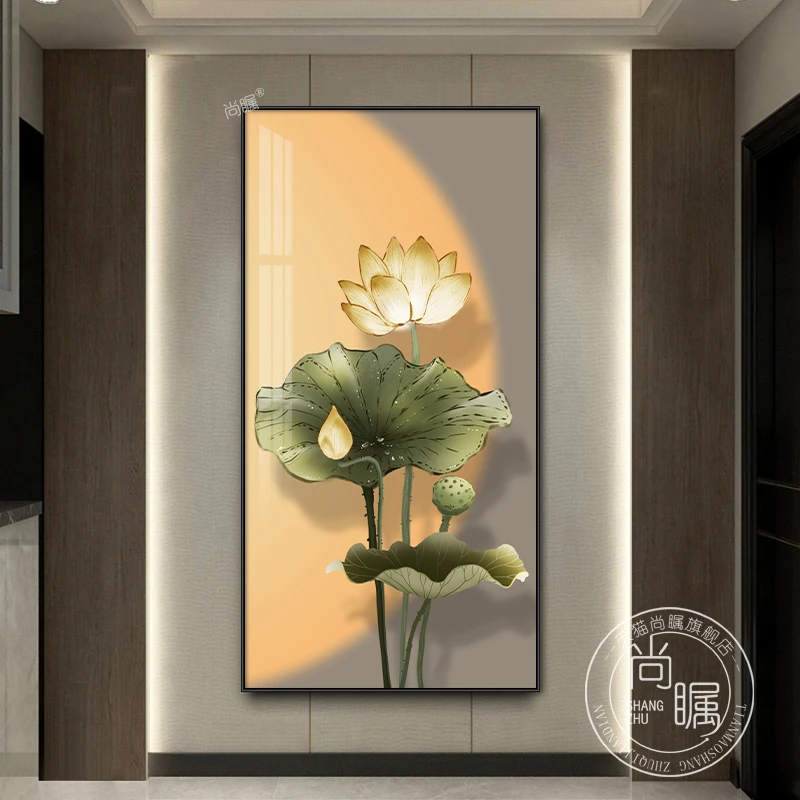 荷花入户玄关装饰画现代简约荷叶走廊过道挂画客厅花卉竖版壁画
