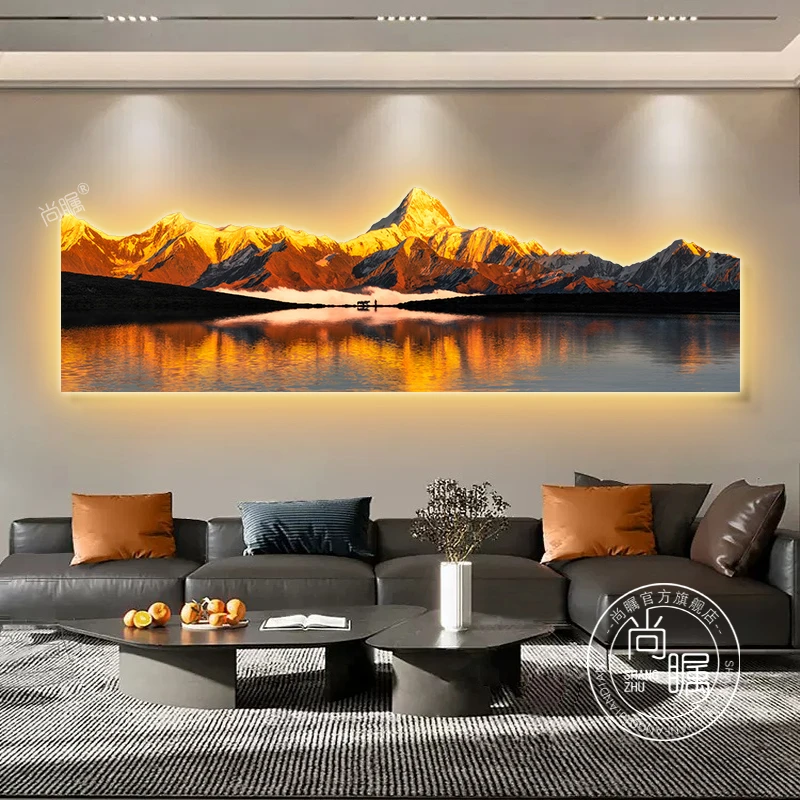 日照金山装饰画led发光雪山客厅墙壁画轻奢高价格沙发背景墙挂画