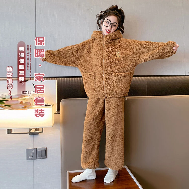 女童家居服秋冬2024新款女大童法兰绒高端睡衣学生加绒加厚套装
