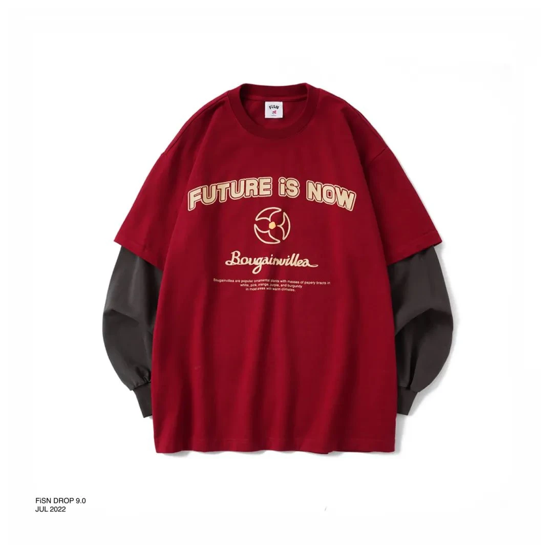 Fisn drop 9.0 潮流印花假两件红色拼接长袖T恤