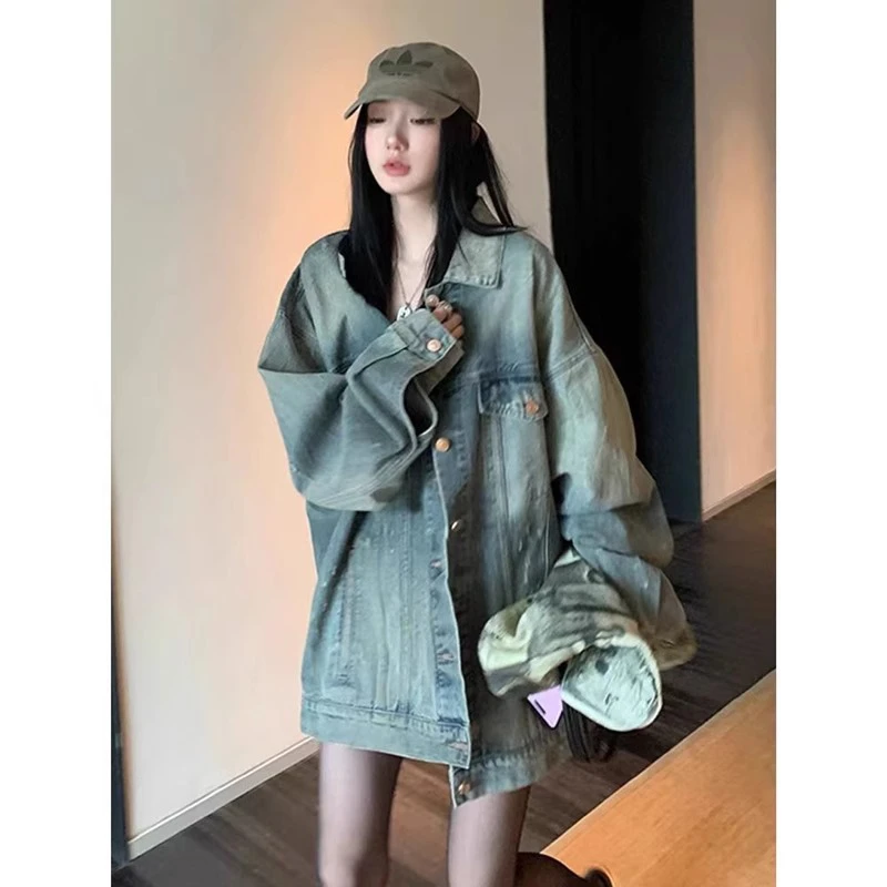 美式复古中长款牛仔外套女春秋2025新款bf风休闲宽松长袖夹克上衣