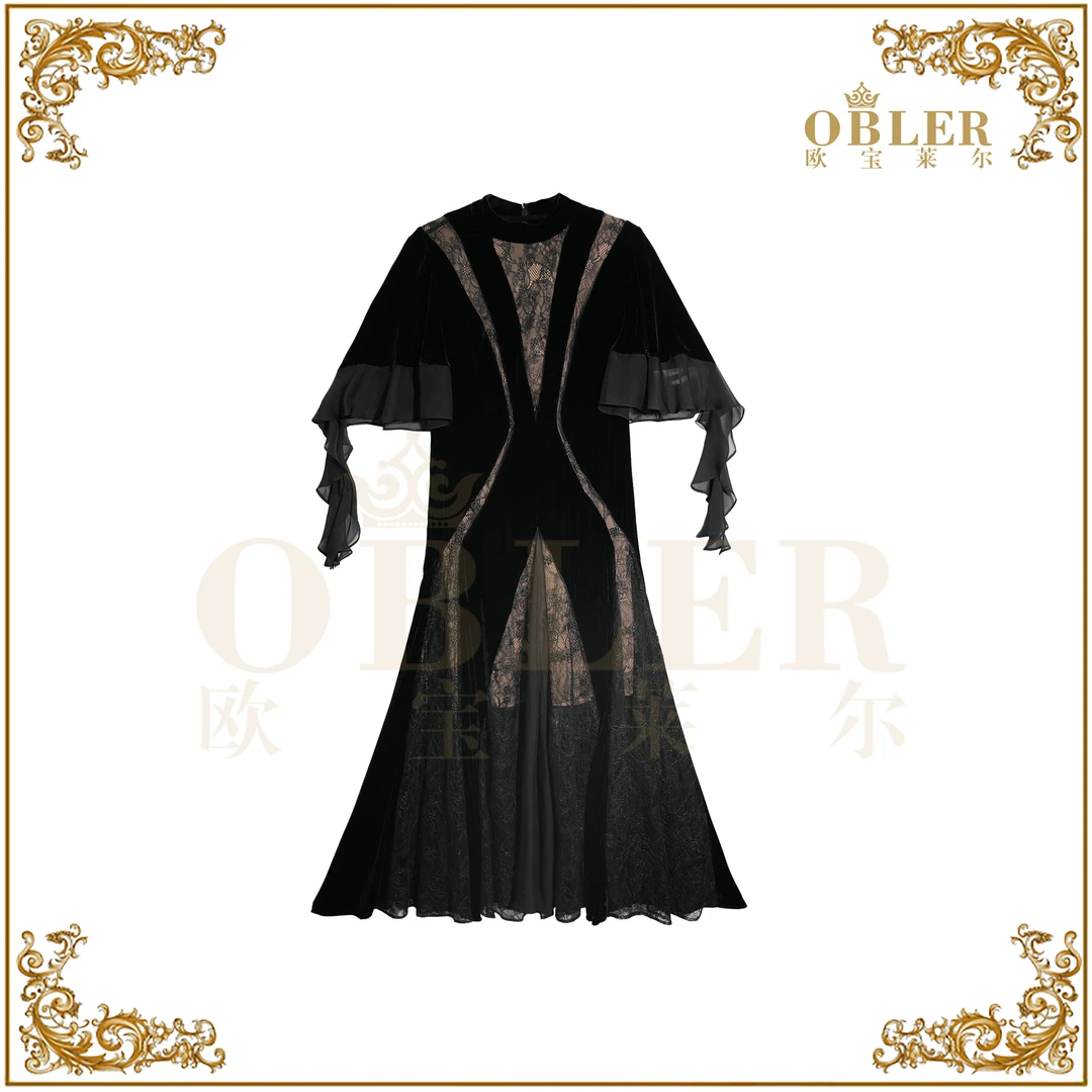 欧宝莱尔复古拼接蕾丝丝绒连衣裙秋季黑色半袖中长款305-24722