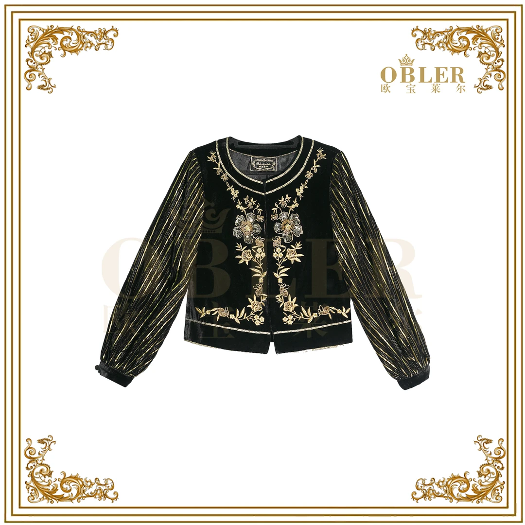 欧宝莱尔复古珠片绣真丝丝绒秋季黑金色长袖短款外套305-24700