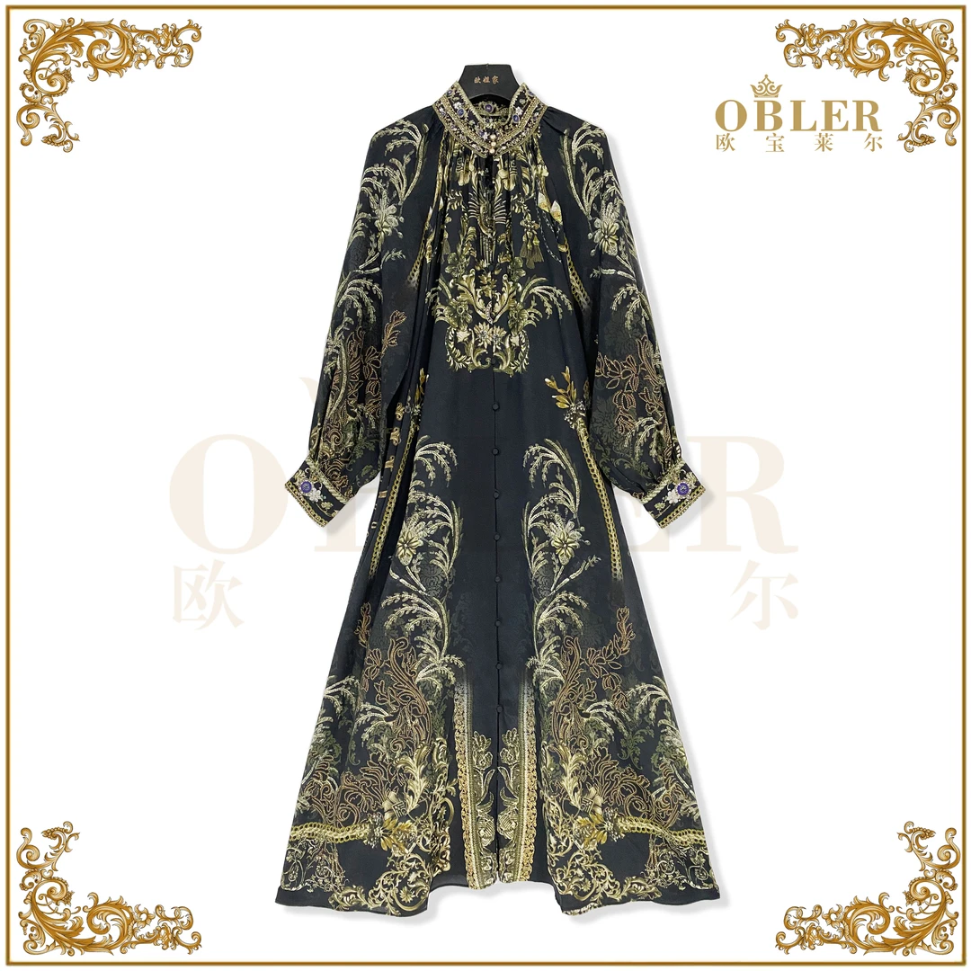 【欧宝莱尔】OBLE 新款时尚气质轻奢优雅 黑色真丝连衣裙 503-0506