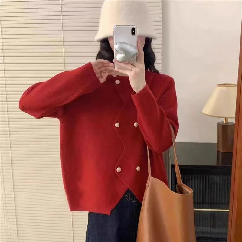 大码女装24款显瘦秋冬新款女装韩版甜美洋气波浪边开衫毛衣外套女