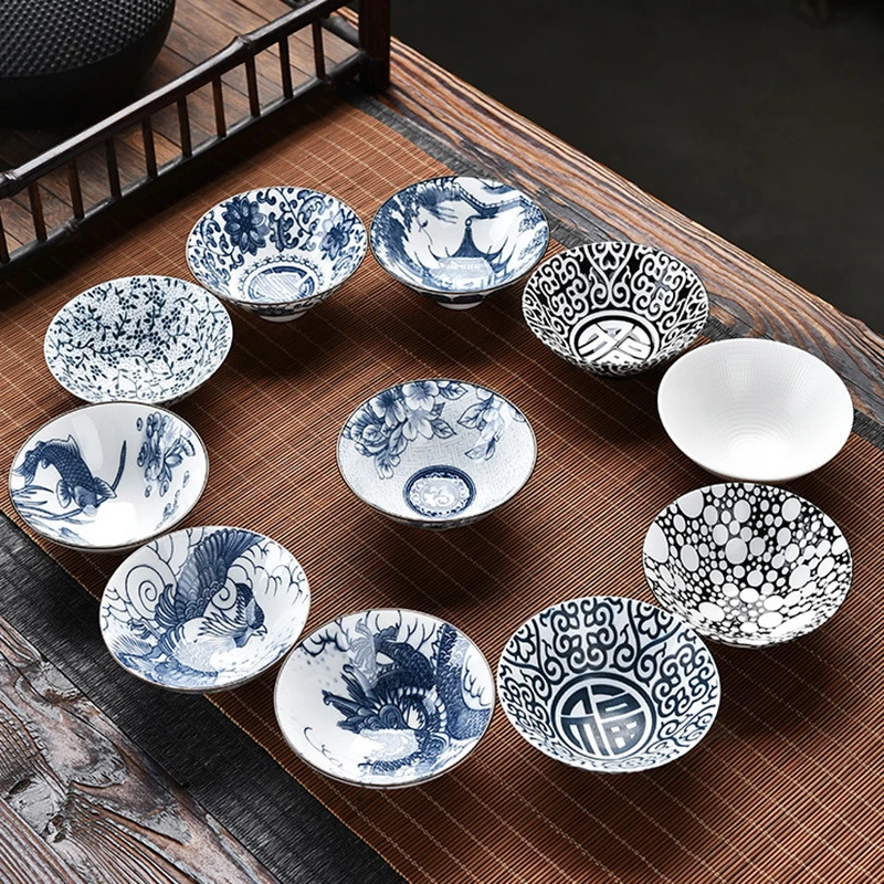 青花瓷斗笠杯陶瓷功夫小茶杯复古茶碗陶瓷个人杯茶杯