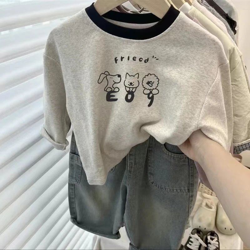 春秋季儿童新款时尚纯棉卡通印花男童女童长袖百搭t恤女宝宝上衣