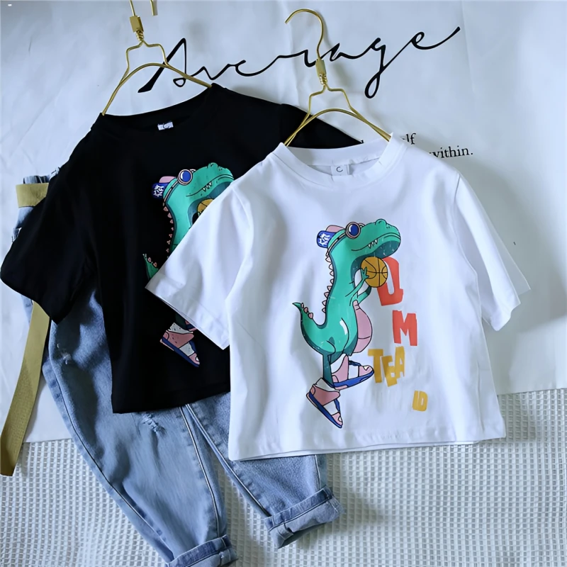 【纯棉】韩版男童恐龙印花短袖T恤女童宝宝宽松百搭上衣半袖打底衫A