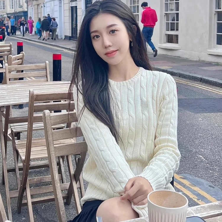 简秋冬拉夫刺绣长袖网红时尚绞花复古针织圆领套头毛衣打底上衣女