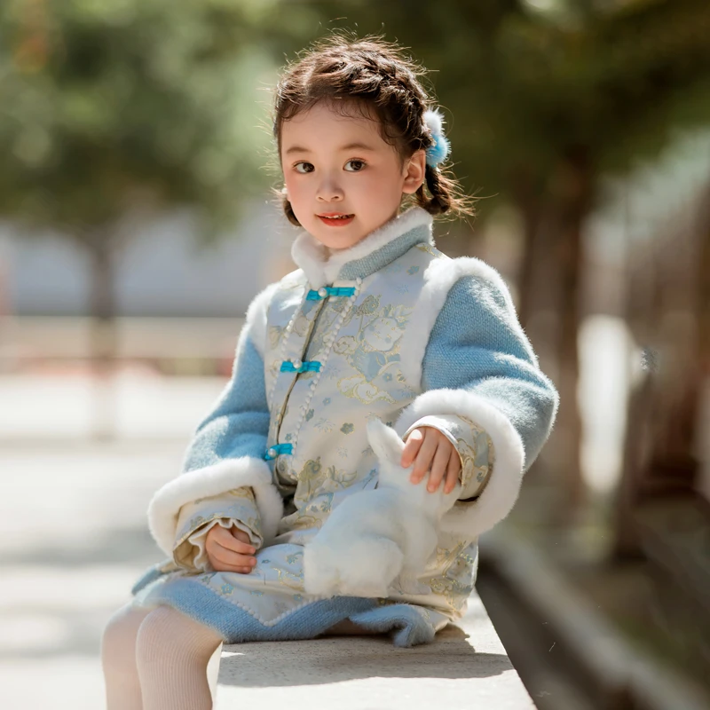 汉服女童冬季拜年礼服儿童加厚中国风过年连衣裙女宝唐装喜庆旗袍