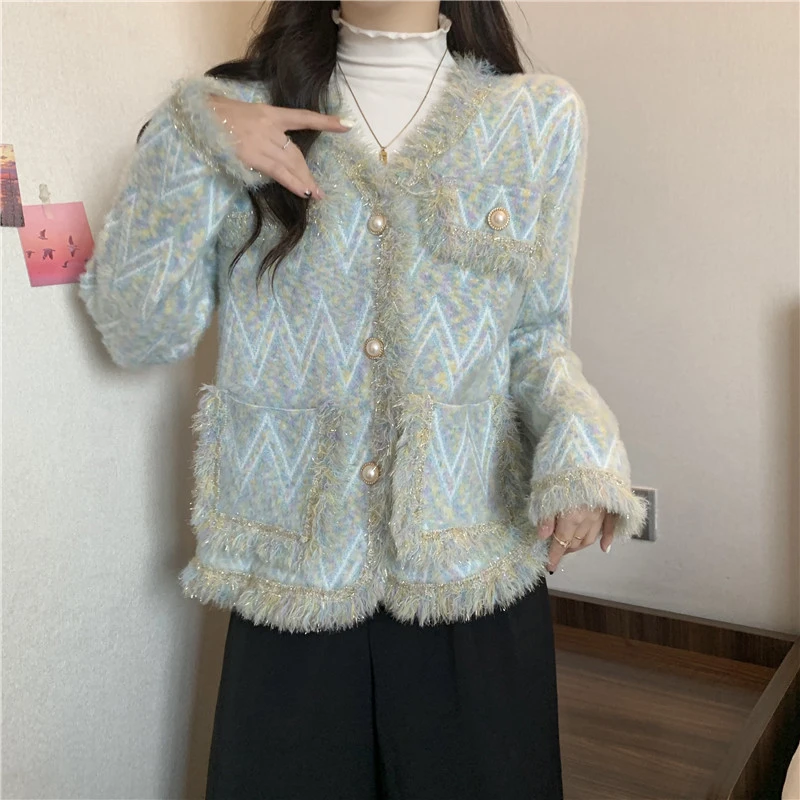 董辰【月湾星湖】大码2023年新款小香风V领流苏外套女针织毛衣开衫