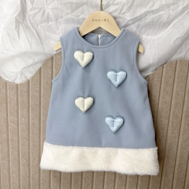 2024女童秋冬新款海盐蓝立体爱心毛呢加棉背心裙时尚韩版洋气无袖