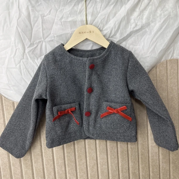 2024秋冬新款女童韩国灰蝴蝶结呢子短款大衣宝宝洋气女孩外套