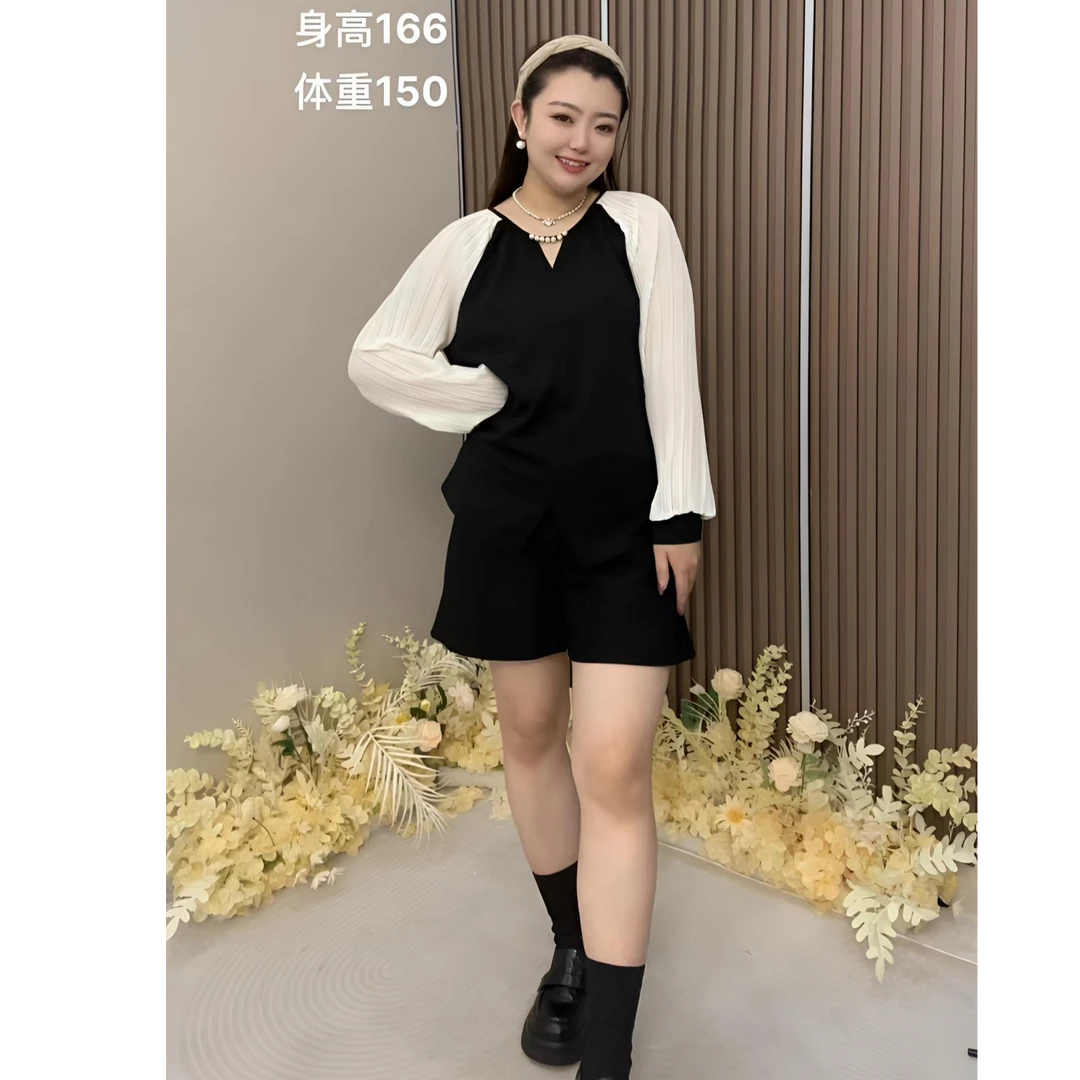 2024秋季新款欧货小V领拼接长袖轻奢高级显瘦遮肉上衣下摆不规则