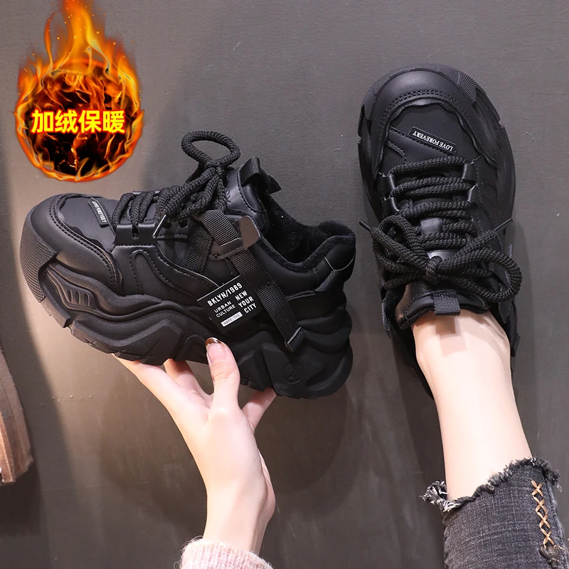 网红爆款休闲老爹鞋女2025新款秋冬加绒保暖百搭复古厚底运动鞋子