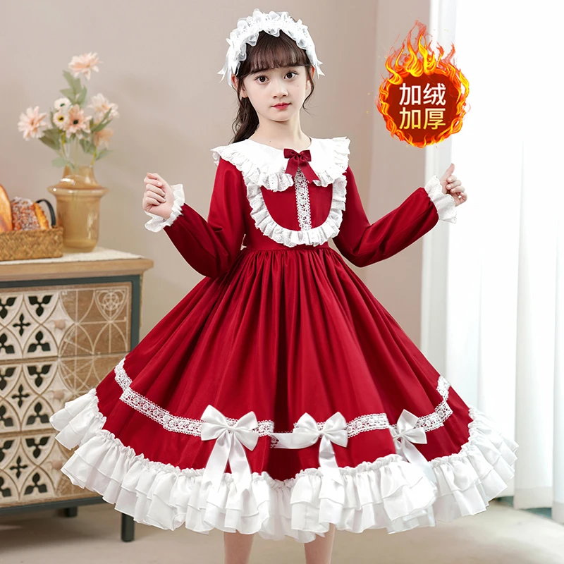 洛丽塔公主裙女童春秋中大童春游演出服装儿童红色萝莉塔连衣裙