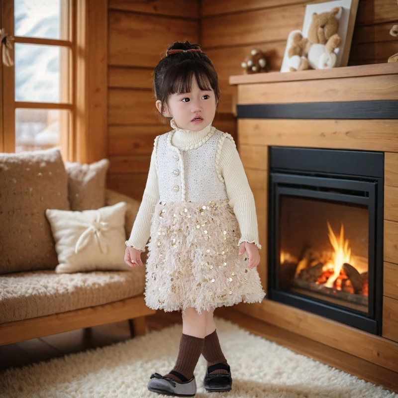 公主裙女童春秋小香风生日宴套装高端小女孩亮片裙子周岁女宝礼服
