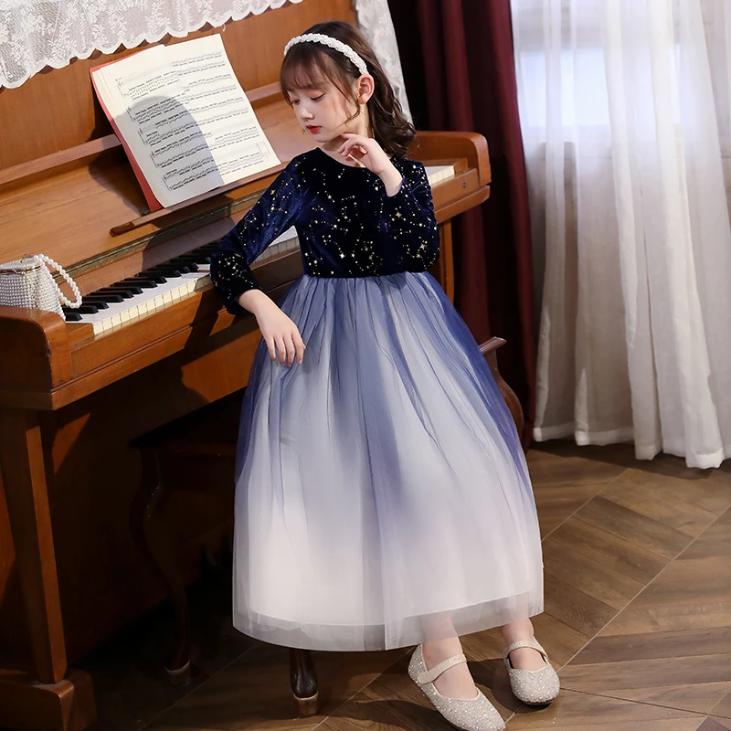 女童演出服春秋蓬蓬纱裙主持人礼服丝绒长袖小女孩洋气元旦公主裙