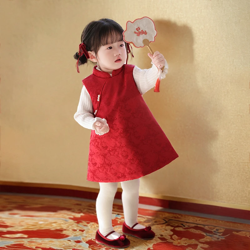 周岁女宝宝礼服2025秋冬新款中式旗袍套装红色女童新年唐装拜年服