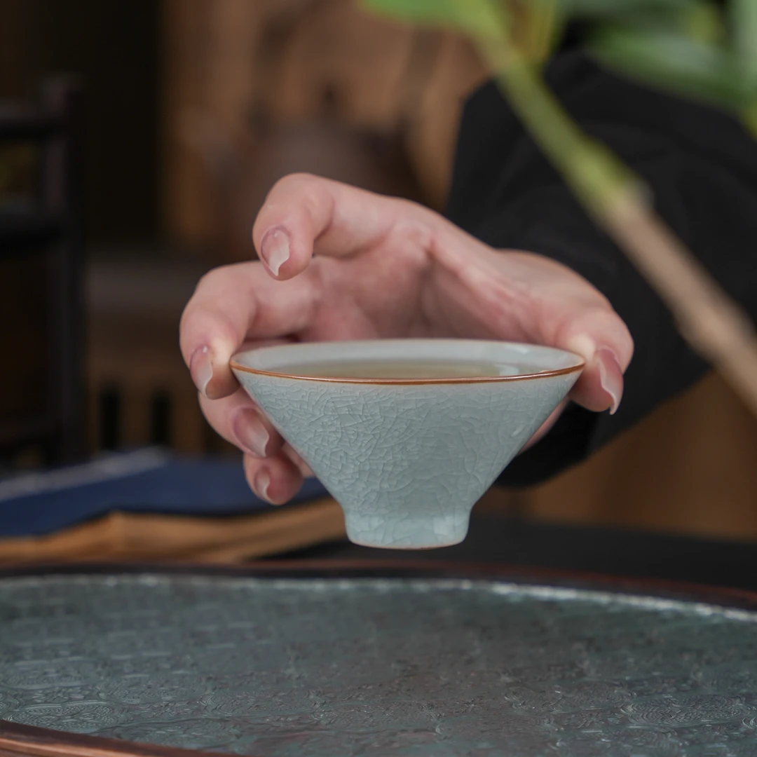 冰花斗笠杯高档主人茶具化冰冰片手工主人杯茶杯天青品茗杯陶瓷