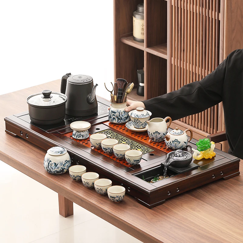 煌山高端黑檀木茶盘茶具套装家用中式烧水一体汝窑泡茶壶茶杯整套