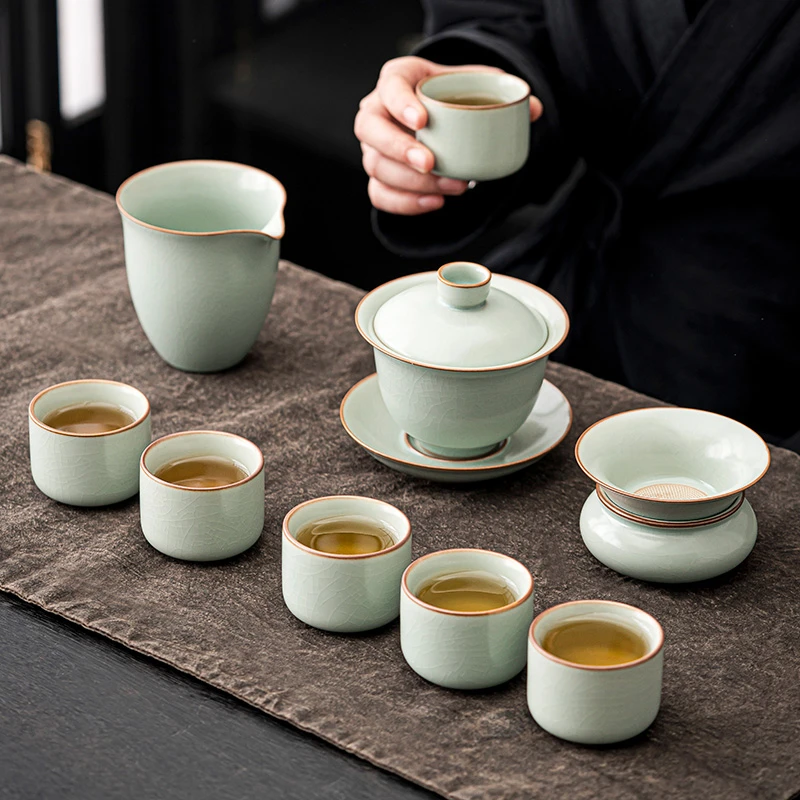 煌山天青色汝窑冰裂茶具家用办公高端汝窑功夫泡茶器茶杯套餐礼盒