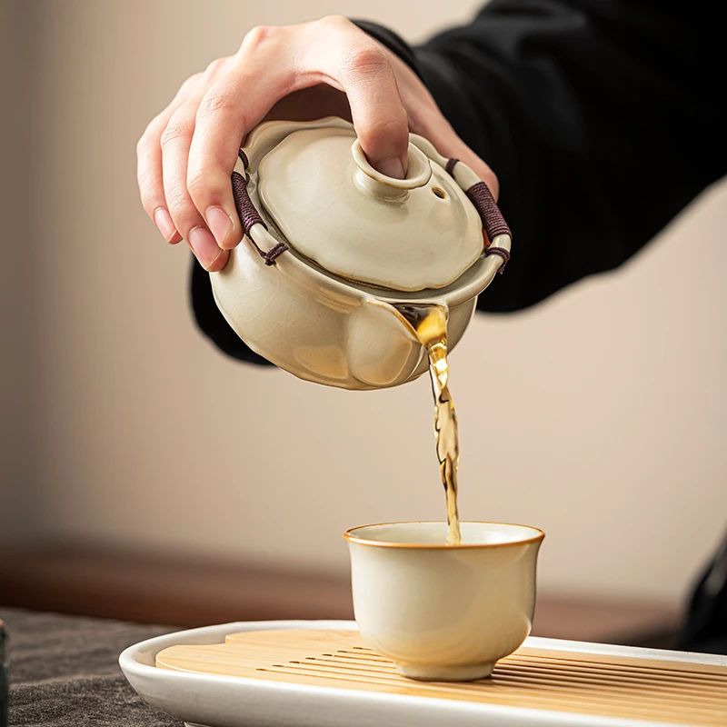 煌山米黄汝窑茶具盖碗茶杯单个防烫手冲泡壶高档冰裂手抓壶泡茶碗