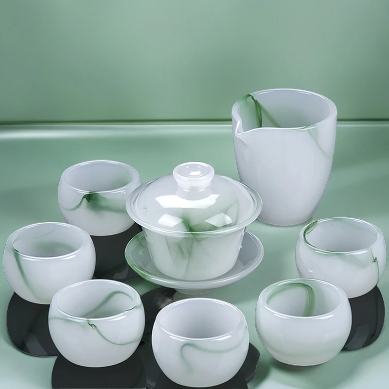 煌山翠绿琉璃10头套装礼盒装会客轻奢高档高端功夫盖碗陶瓷家用