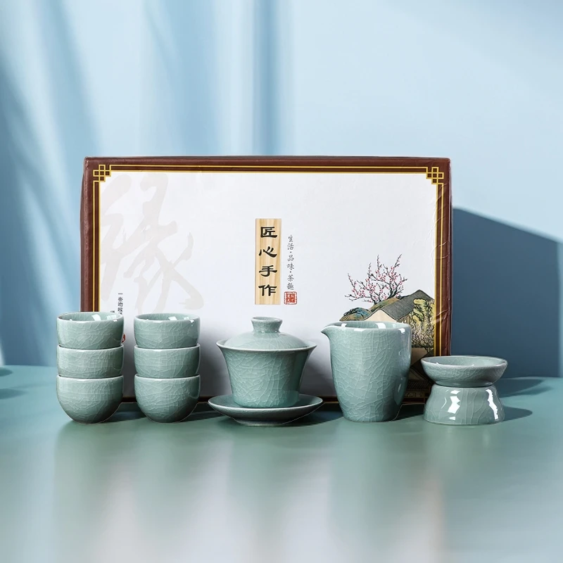 煌山哥窑冰裂功夫茶具小套礼盒家用新中式开片可养泡茶壶网红同款