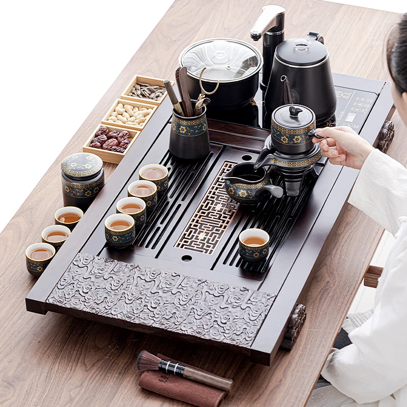煌山黑檀木大茶盘功夫茶具套组家用客厅石磨懒人泡茶神器喝茶一套