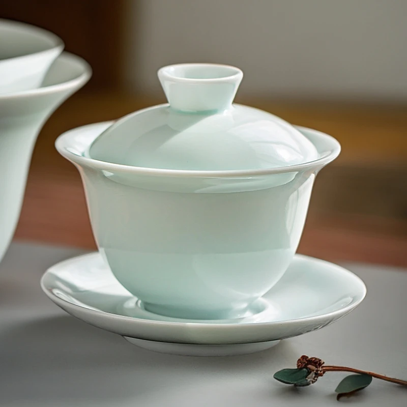 煌山陶瓷瓷盖碗手工复古茶茶道带盖防烫泡茶手绘三才天青家用青瓷